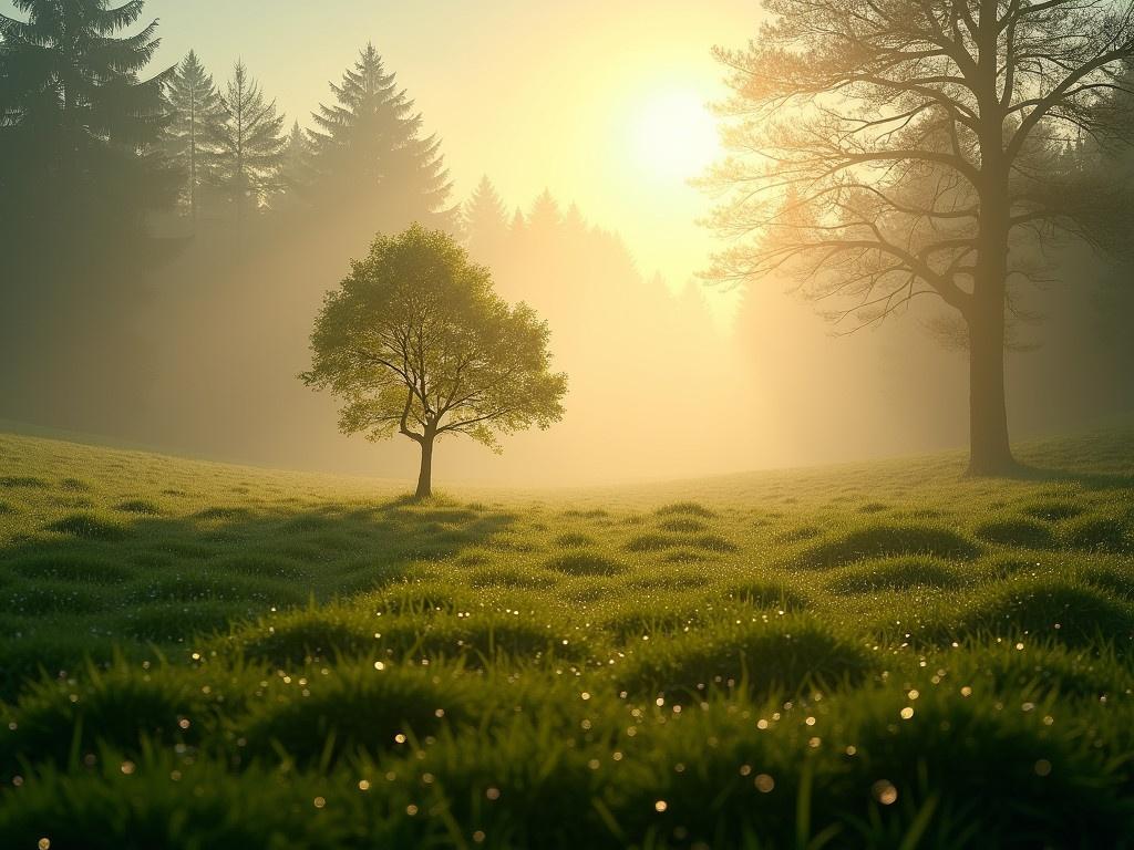 The image depicts a serene morning scene in a foggy forest. Soft sunlight filters through the trees, creating a warm, golden atmosphere. The ground is covered with lush green grass and patches of dew, reflecting the morning light. A single small tree stands brightly illuminated in the middle of the grass, surrounded by a gently rolling landscape. The mist adds a dreamlike quality, giving the scene a peaceful, tranquil vibe. In the distance, the silhouettes of larger trees can be seen, enhancing the depth of the forest. The entire setting evokes a sense of calm and connection to nature.