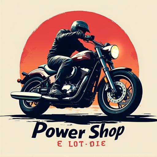 Logo design for an electric motorcycle shop called PowerShop with elements representing Cuba. Motorcycle rider in motion. Graphic style emphasizing bold colors and dynamic imagery.