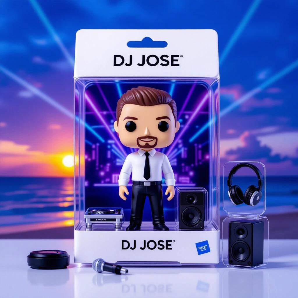 A modern and minimalist package named DJ JOSE. Features a transparent blister pack showcasing a figurine with white skin, short brown hair, and a charismatic smile. Dressed in a white shirt, black pants, and a tie. Background combines a tropical beach at sunset with a nightclub ambiance. Includes accessories like headphones, DJ console, microphone, speaker, Spanish flag, Iberian ham, and a Facebook badge with followers. Logo appears in silver sans-serif. Soft lighting with reflections and subtle shadows.