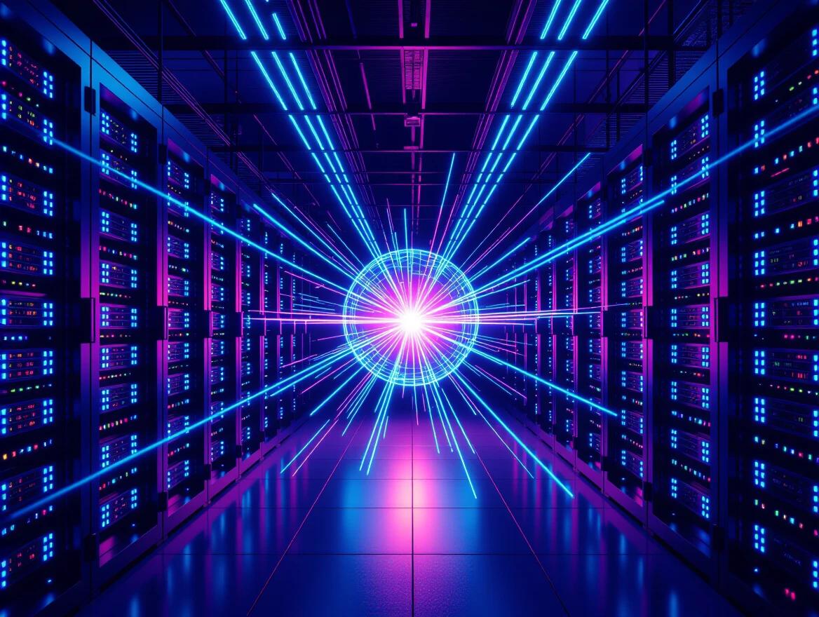 Ultra-realistic long exposure of a futuristic server hall at night with powerful laser beams in royal blue, turquoise, and neon magenta converging into a sparkling energy sphere reflecting on the shiny floor. Cool blue LED strips illuminate endless server racks with soft fog enhancing the beams. Captured with full-frame DSLR, 24mm, f/4, ISO 200, 8s exposure, cinematic look, high detail, natural color dynamics.