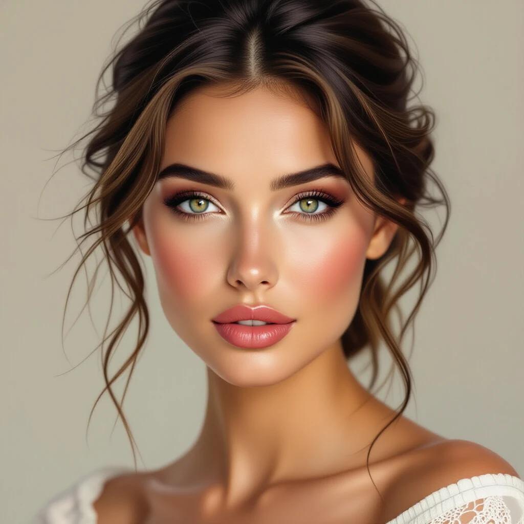 Close-up portrait of a woman. Fine details on facial features. Soft lighting on smooth skin. Elegant pose with emotion. Intricate textures and painterly brush strokes. Rich color tones and artistic depth of field. Inspired by classical fine art and realism.