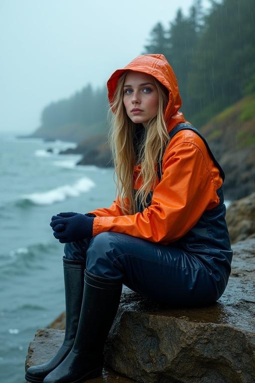 Young woman sits on a cliff near the sea. She wears a bright orange hooded raincoat and navy blue latex dungarees. Long blonde hair in pigtails. Rain falls heavily around her. She gazes out at the turbulent water. The landscape is lush and stormy.