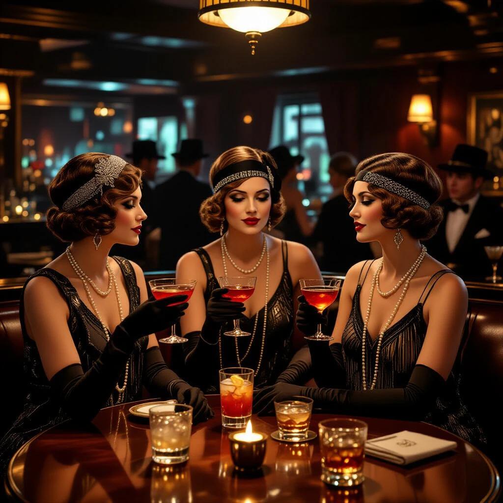 Scene depicts women in 1920s attire enjoying cocktails in a stylish lounge. Women wear glamorous dresses and elegant accessories. Richly decorated environment captures the essence of a speakeasy. The setting is intimate, reflecting a social gathering of the time.