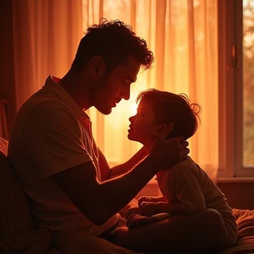 Realistic image of father and child sharing an intimate moment in the warm morning light. Scene has soft lighting with reds and golds. Shot at eye-level for a cozy, welcoming feel. Soft shadows create a comforting atmosphere.