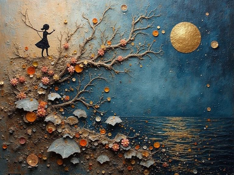 Masterpiece featuring a silhouetted girl on a tree branch with an artistic combination of various structures. The scene portrays a reflective water surface and golden moon alongside colorful textures and layered elements.