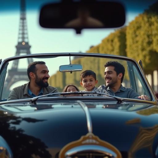 View from outside the driver's window of a happy family riding in a dark blue and gold car. Background features the Eiffel Tower in Paris. Natural daylight enhances the scene.