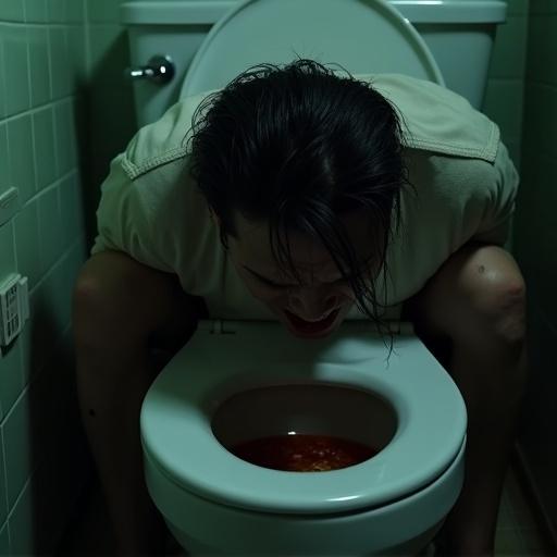 A dimly lit toilet scene. A figure is kneeling in front of the toilet bowl, appearing to vomit. The expression shows intense agony from what seems to be poison. The setting is narrow and suffocating with feelings of fear and despair. Vomit is visible in the toilet, contributing to the bleak atmosphere.