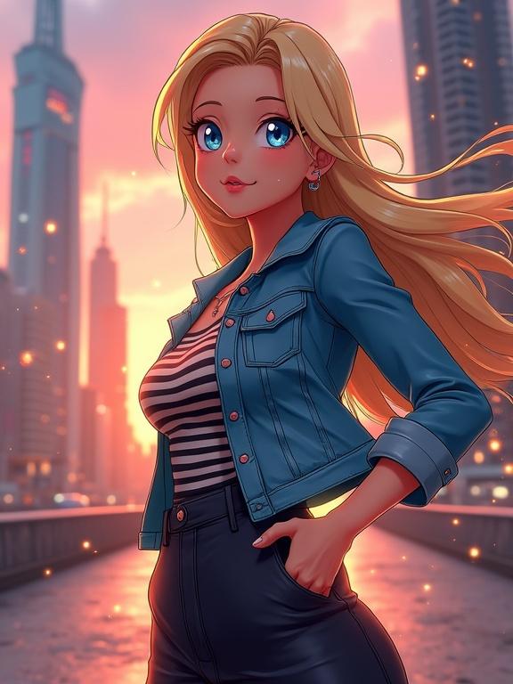 Female character poses confidently in a futuristic city at sunset. She has striking blue eyes and flowing blonde hair. Wearing a blue denim jacket and striped shirt. Background features towering buildings reflecting warm hues of orange and pink. Subtle particles in the air enhance the atmosphere. Detailed and realistic.