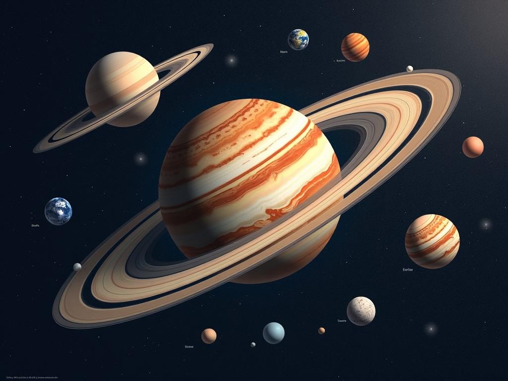 The image depicts a vibrant representation of the Solar System, prominently featuring Jupiter at the center with its distinctive bands and rings. Surrounding it are other planets such as Saturn, Earth, Mars, and smaller celestial bodies. The background is a deep space hue, enhancing the beauty of the planets. Each planet is labeled for educational purposes, providing clear identification. The overall scene captures the grandeur of our Solar System in an artistic but scientifically accurate manner.