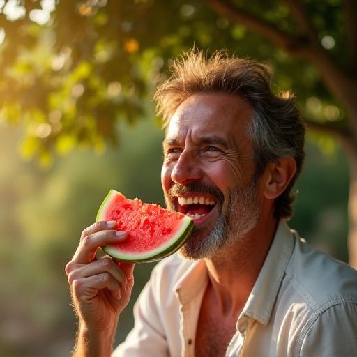 Close-up of a middle-aged man eating watermelon outdoors. He has olive skin and messy hair. Seated on a wooden bench under a fig tree. Golden sunlight filters through leaves. Joyful expression with juice dripping. Bright watermelon contrasts with green background.