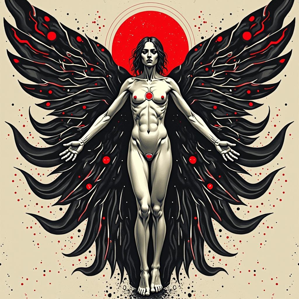 Full-body angel depicted in black white and bold crimson colors. Surrealist and avant-garde style featured with fractured geometry and symbolic architecture. Rhythmic ink-like lines create high-contrast shadows and sharp textures with uneven symmetry. Includes stained-glass mysticism and layered landscapes, focusing on nature-cosmos duality and emotional depth.