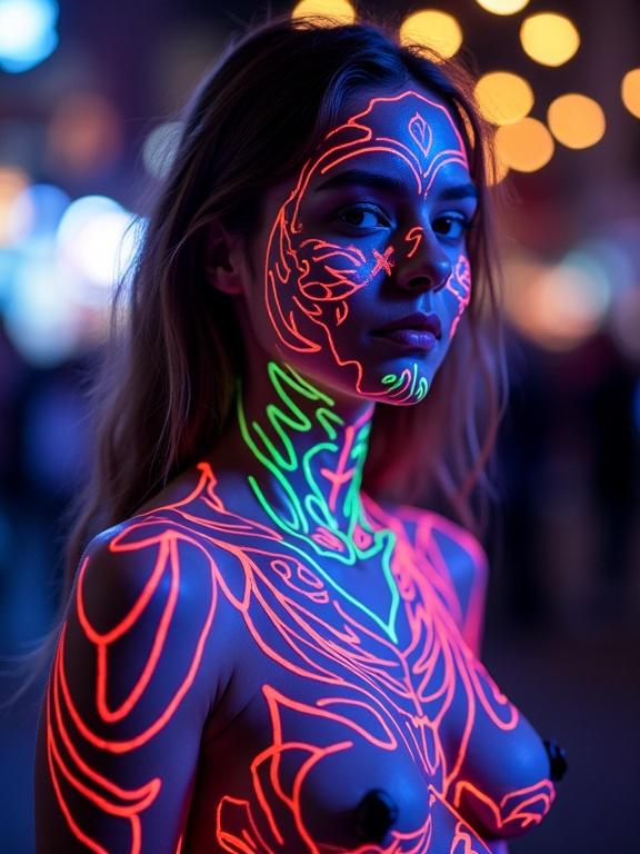 Artistic depiction of a young woman with beautifully intricate body painting. Neon and fluorescent colors vividly illuminate the skin. The background features a soft glow of lights creating a lively atmosphere.