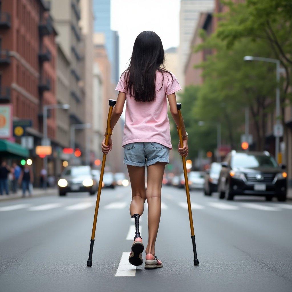 Young Asian girl walks using crutches in New York City. She has an amputated leg and shows determination. The urban setting features busy cars and tall buildings.