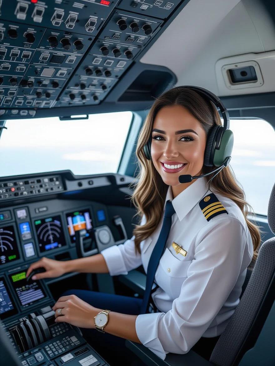A female pilot in a Boeing 747 cockpit focuses on flight instruments. The pilot sits professionally in uniform. She has headphones on and operates the controls confidently. The scene is well-lit with a clear view outside. The cockpit is equipped with modern avionics.