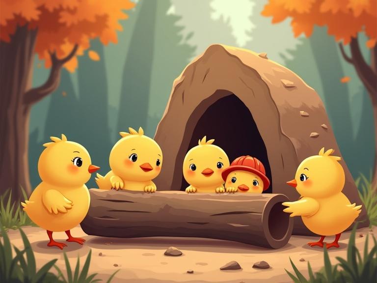 Five construction chicks removing a fallen log from the entrance of a baby red fox’s burrow. Autumn forest background in soft colors. 2D style.