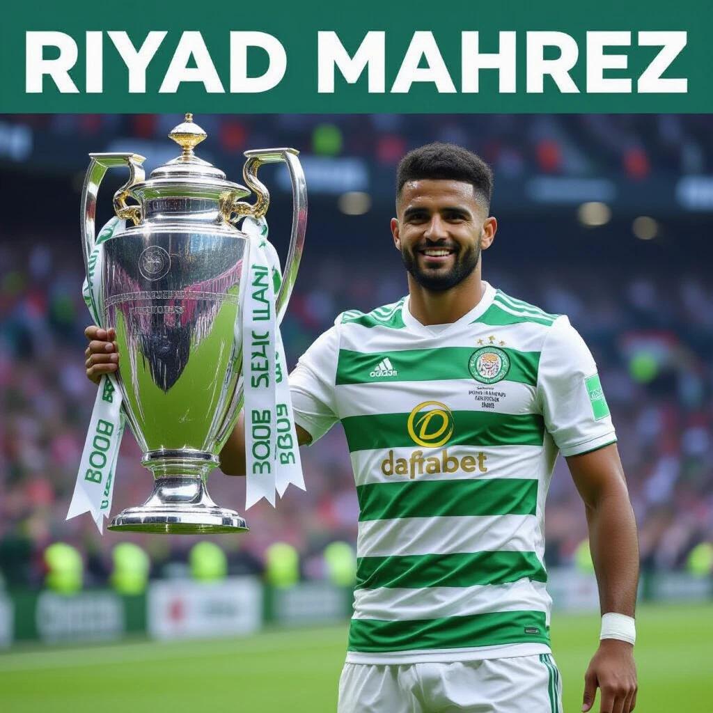 Riyad Mahrez stands proudly holding the Premier League trophy. He is wearing the Celtic Football Club jersey with a bright green and white striped pattern. The stadium is filled with spectators in the background. The image captures a moment of victory and celebration in football.