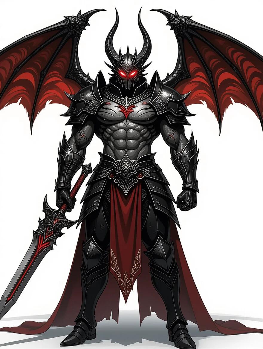 Full body view of a male spawn character wearing intricate armor and a cape. Character has large wings, detailed facial features, and a massive sword. The design is hyper-maximalist with a transparent background.