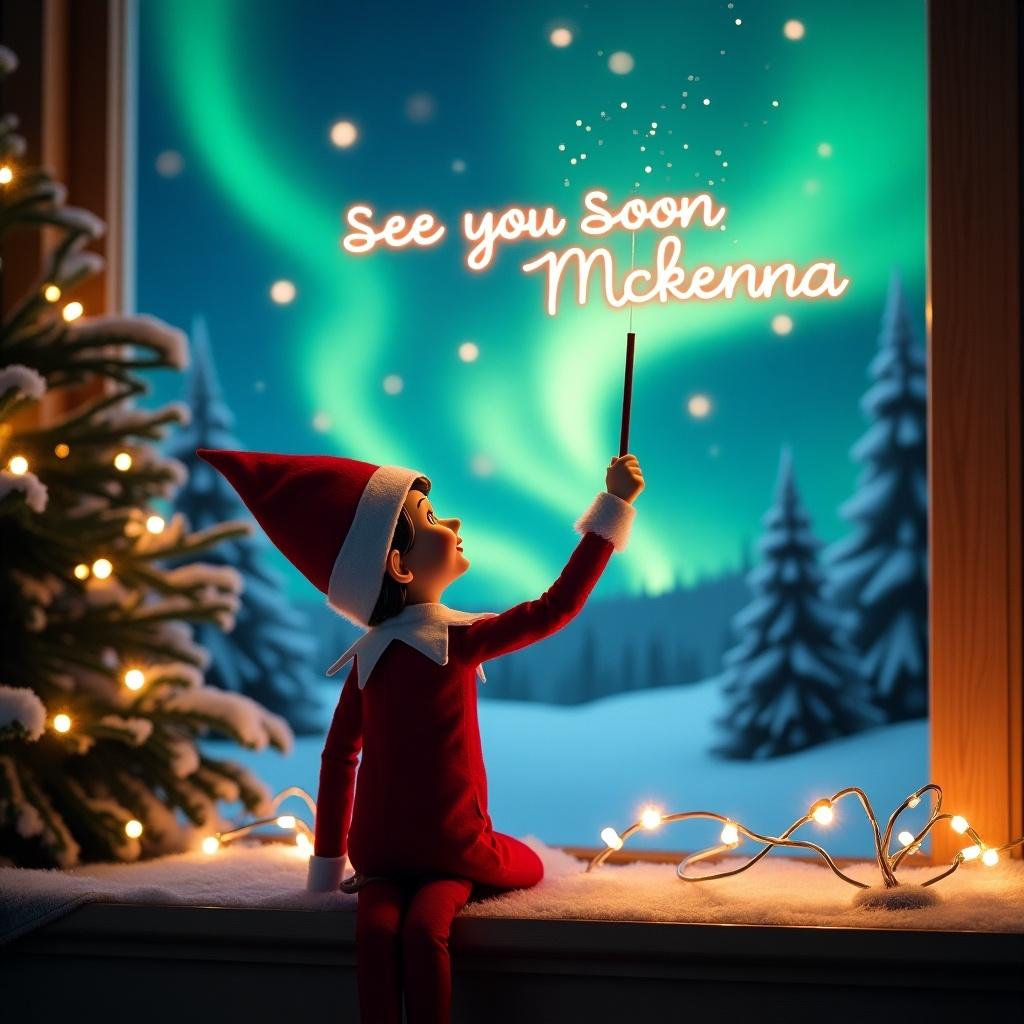 This enchanting Christmas scene features an elf on the shelf, facing a sky illuminated by vibrant northern lights. The elf is dressed in red and white and holds a magic wand, creating glowing writing that reads 'See you soon Mckenna.' The backdrop enhances the festive ambiance, with pine trees dusted in snow. The magical atmosphere captures the joy and wonder of the holiday season. This whimsical portrayal evokes feelings of excitement, perfect for celebrating the spirit of Christmas.