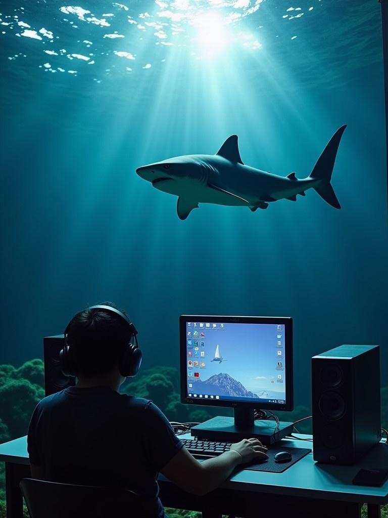 A shark swims above a person sitting at a computer in a dark ocean environment. The person wears headphones and interacts with the computer. Bright rays of light penetrate the water revealing the shark.