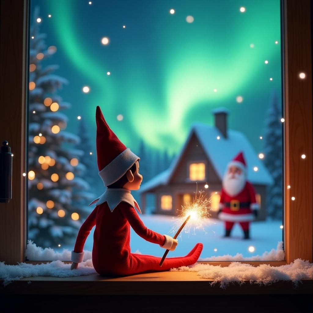 Elf on the shelf sits with back to viewer and gazes skyward. Holds glowing wand emitting sparkling light. Background shows charming Christmas scene with northern lights. Santa Claus appears outside cozy house decorated for holidays. Snow covers ground. Elf embodies spirit of magic. Name 'Sofia and Freddie' written in air with wand.