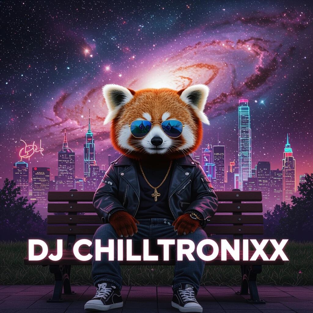 A cute red panda wearing stylish clothes and sunglasses. The red panda sits on a park bench. A captivating nebula sky fills the background. A vibrant neon megacity is visible. Artistic album cover showcasing DJ Chilltronixx.