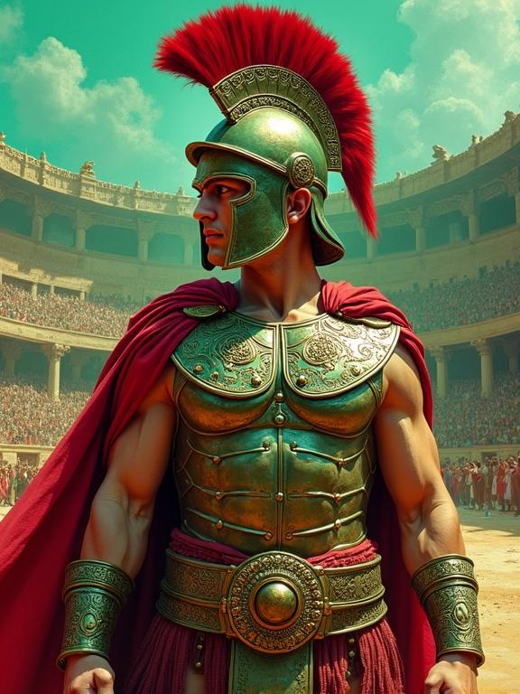 Illustration of a bejeweled Spartan warrior typical of Lala Land style. Warrior stands in an arena. Vibrant colors and textures dominate the image hinting at Post-Impressionistic style.