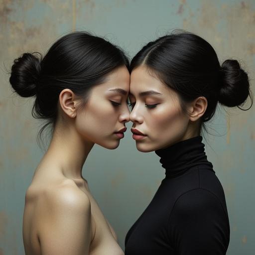 Two women with dark hair and beautiful features touch foreheads. One wears a turtleneck. Gentle lighting highlights their intimacy.