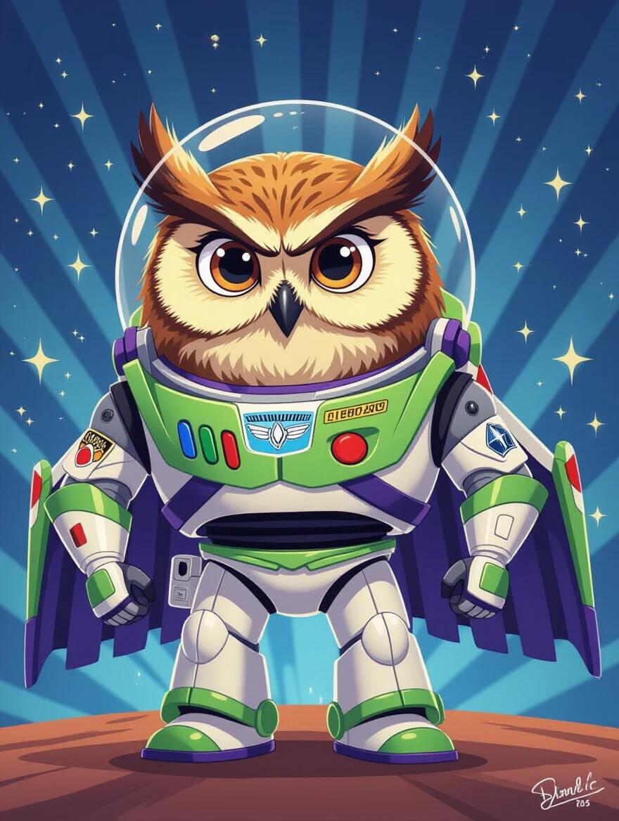 Digital illustration of an owl fully suited in Buzz Lightyear's armor. Owl's body appears enclosed in the space suit. Character design inspired by Toy Story universe. Style blends semi-realism with cartoonish elements. Vibrant colors used in a stylized space-themed background. Dramatic lighting enhances the illustration. Pose is heroic and confident, suggesting readiness for a galactic mission.