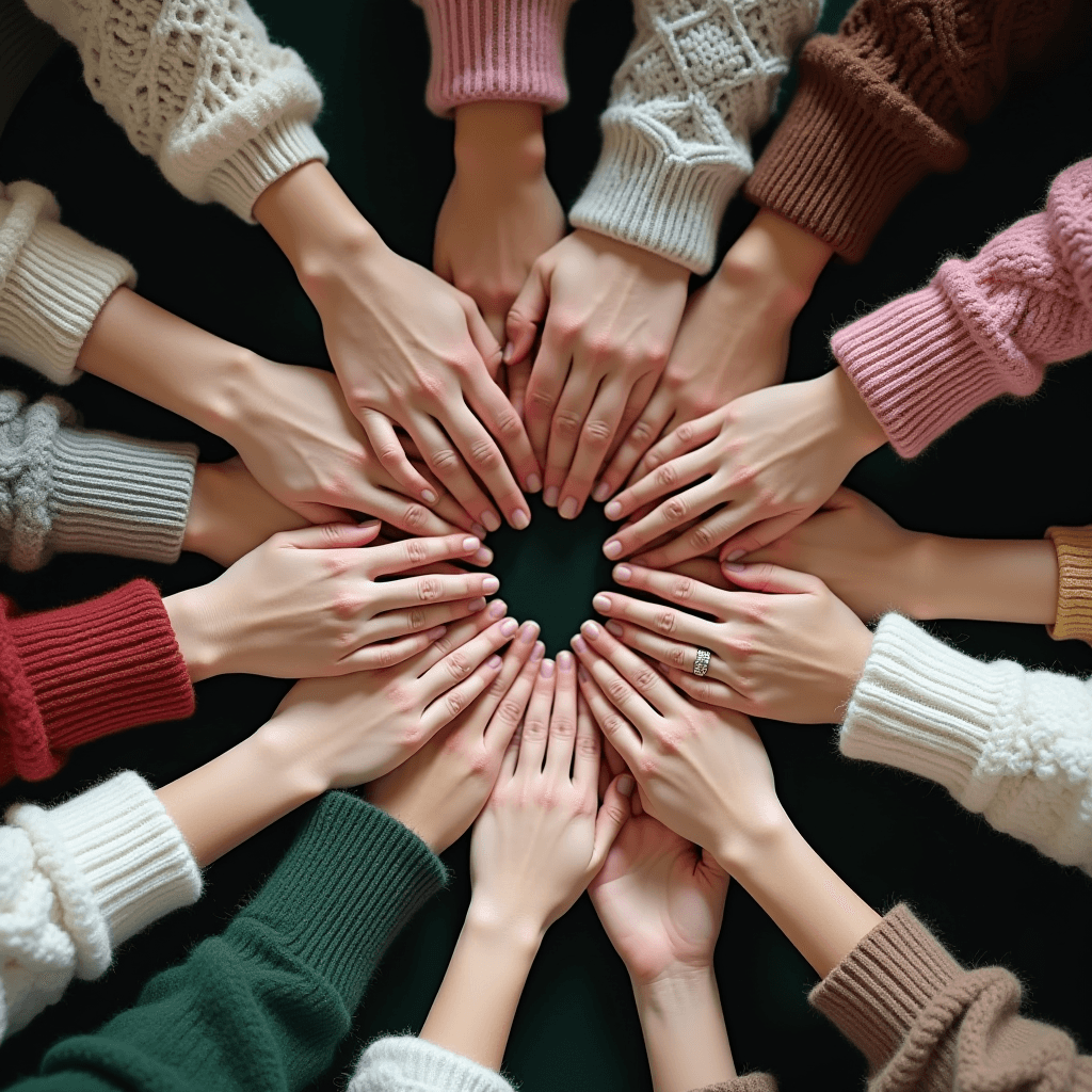 A group of diverse hands forming a heart shape, each wearing a colorful knitted sweater, symbolizing unity and warmth.