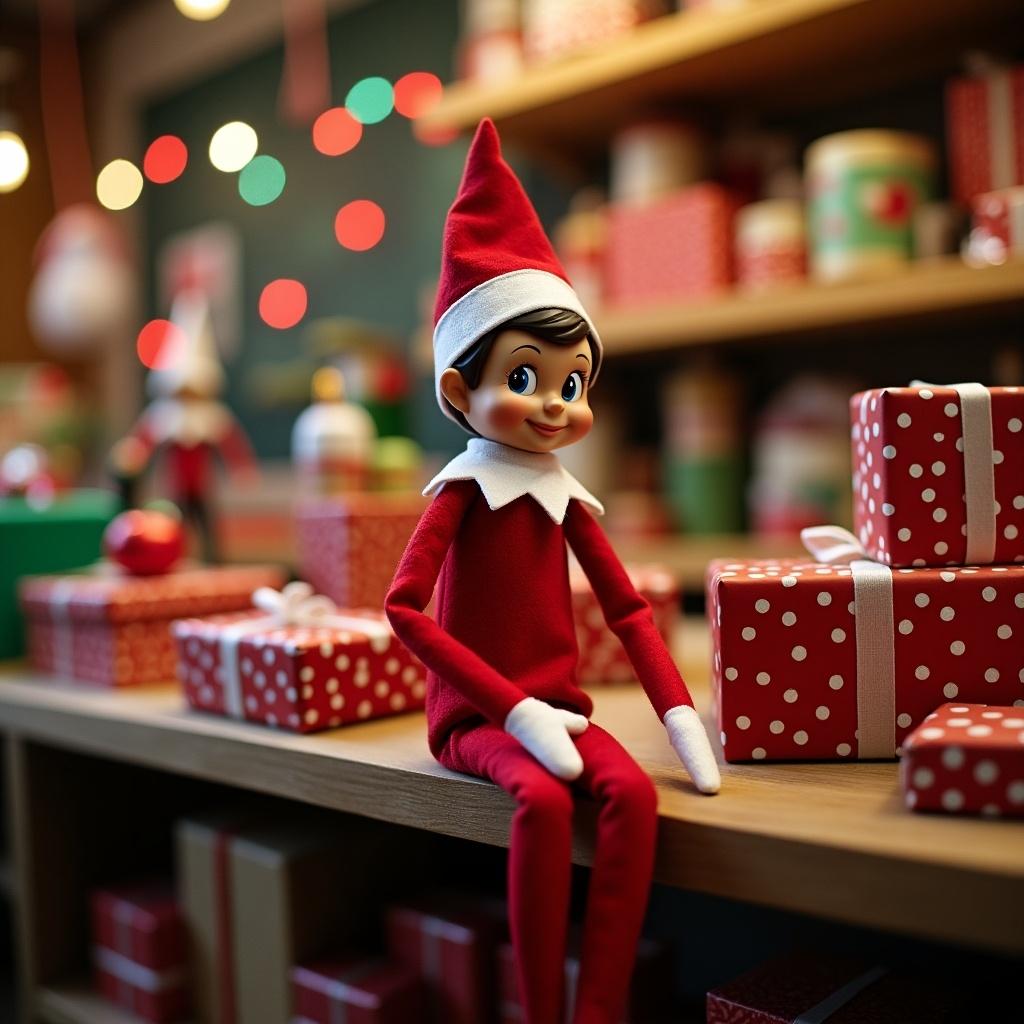 Elf figure sitting among festive decorations and presents in a cozy workshop. Background features colorful lights and holiday themed items.