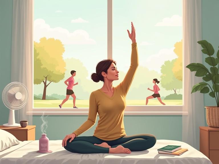 Calm modern interior scene showing a menopausal woman practicing yoga. Light-filled room with open window and small fan. Woman wears breathable layered clothing. Water bottle and journal nearby. Nightstand with cool mist diffuser and book titled 'Mindfulness & Menopause'. Outside window, person jogging in park symbolizing exercise and fresh air. Soft colors in a gently illustrative style promoting wellness and lifestyle balance.