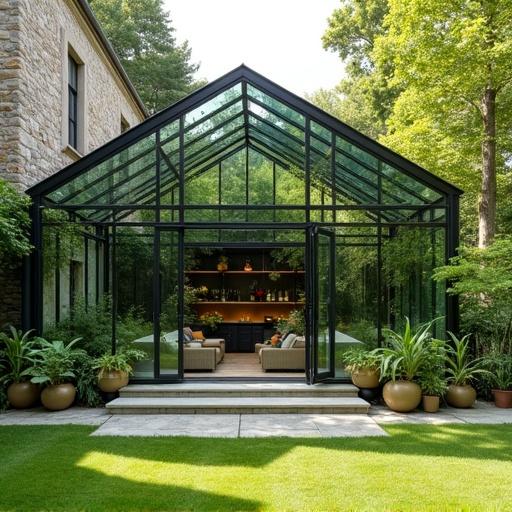 A fully glass-structured transparent greenhouse is adjacent to a stone building covered with green plants. The greenhouse has green plant pots and rattan furniture inside. Flower pots are clustered around the stone floor, and a lawn with trees surrounds the building. Natural light penetrates the glass. The photography style emphasizes the relationship between nature and modern design.