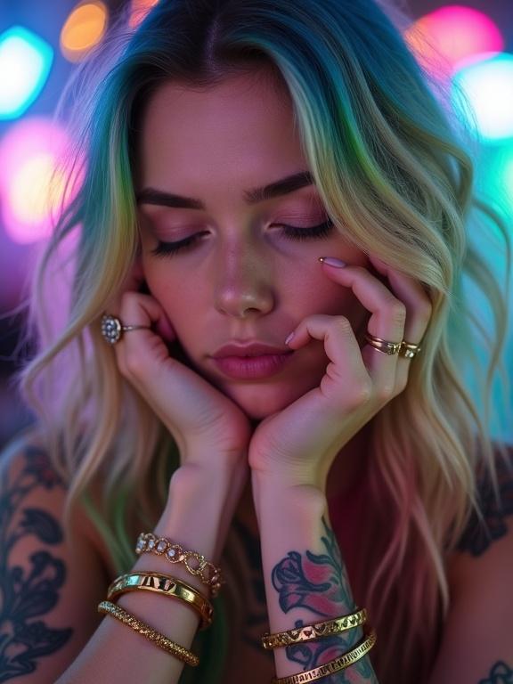 Close-up portrait shows a young woman with colorful hair and tattoos. Serious expression on her face with eyes closed. Hair features blue, green, yellow, and pink shades. Multiple gold bracelets and rings on fingers. Background is a neon-lit room with colorful lights. Overall mood is dreamy and ethereal.