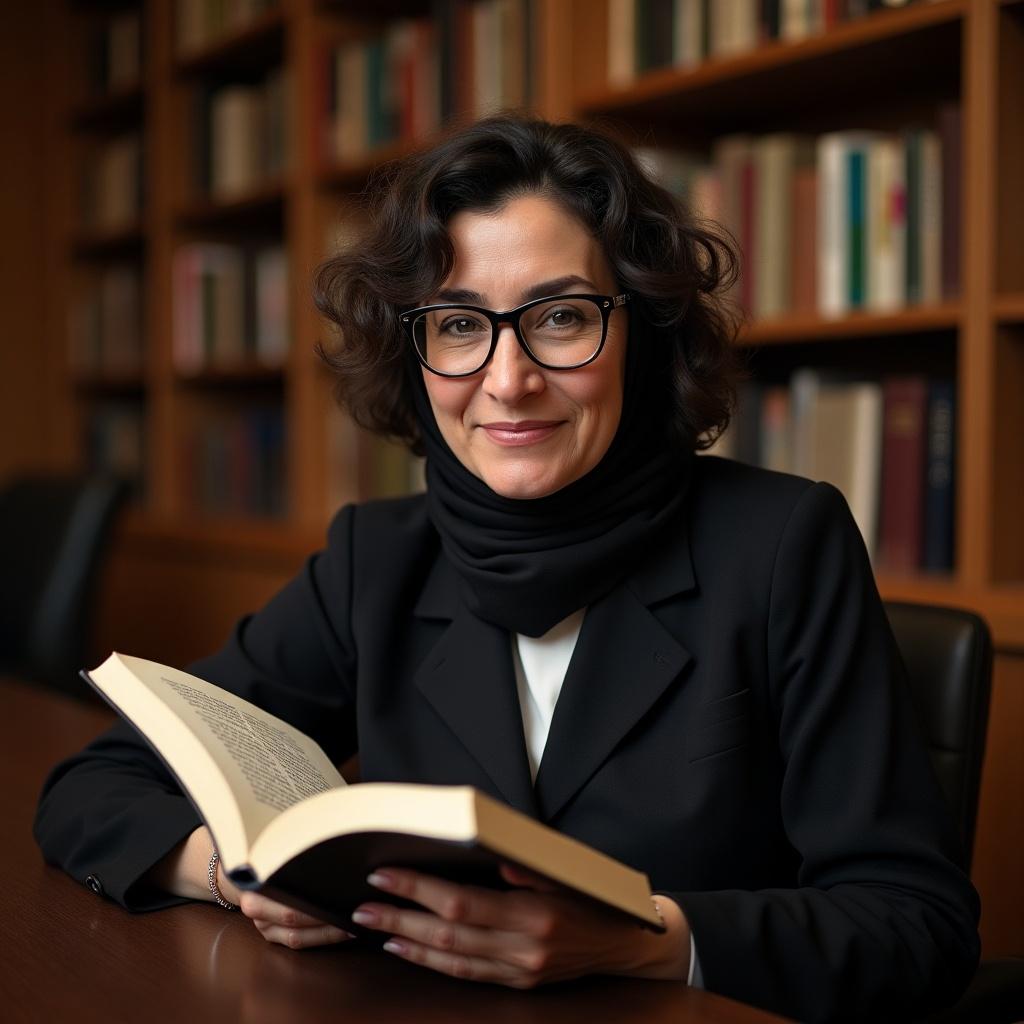 Woman in a black suit holding an open book in a library. Surrounded by bookshelves filled with books. Wearing eyeglasses and a scarf, smiling calmly.