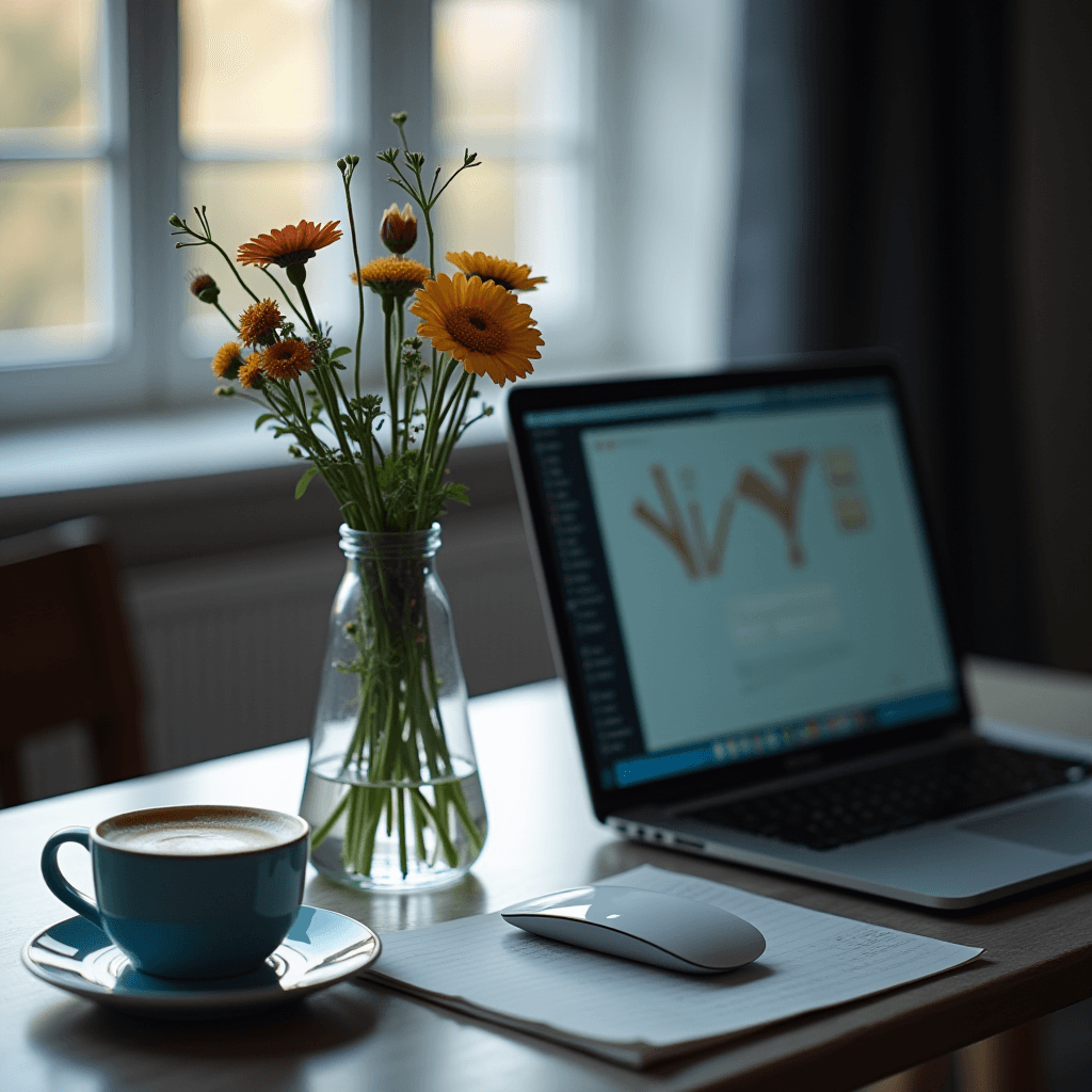 A cozy home office scene with a vase of orange flowers, a laptop, and a cup of coffee on a wooden desk by a sunlit window.