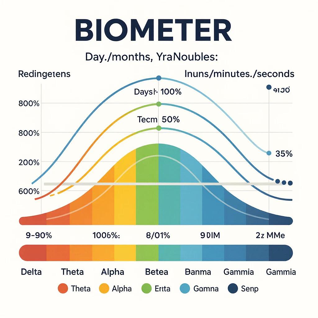 Biometer chart displaying various scales related to time and brainwave frequencies. Scales for electromagnetic spectrum, percentages, and time dimensions are included. The chart shows Delta, Theta, Alpha, Beta, and Gamma brainwave frequencies in Portuguese. A smaller scale measures frequency in Hertz.
