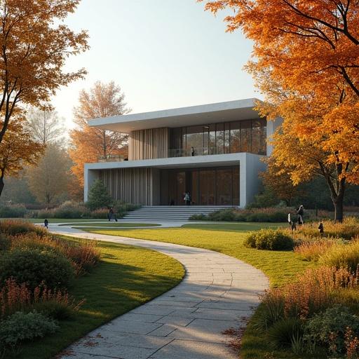 Architectural visualization featuring a modern university building in an artistic style with people and sculptures. Scene set in an autumn morning with vibrant orange foliage. Big garden area showcased in the background. Emphasizes storytelling through composition and follows rule of thirds.