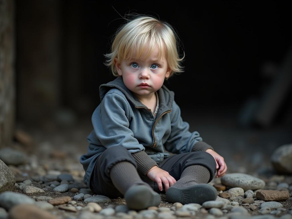 A young child, likely male, with light blonde hair and fair skin sits on a rocky, uneven ground. The child has large blue eyes and a serious expression, dressed in a muted, slightly tattered grey-blue tunic, dark pants, and knee-length socks. The composition features a dark, blurred background that contrasts with the child's focused gaze, emphasizing his figure in the foreground. Surrounding the child are scattered stones and debris, hinting at an abandoned or rustic setting, with soft, natural lighting illuminating the scene.
