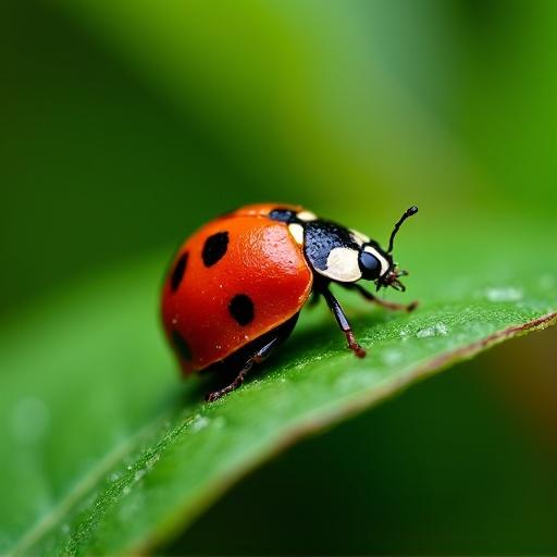 High-resolution photograph close-up of red ladybug on green leaf. Ladybug has black spots and shiny exoskeleton. Body glistens with water droplets. Leaf is smooth and slightly textured. Blurred background of greens creates bokeh. Soft natural daylight highlights colors and textures. Striking composition shows beauty of nature.