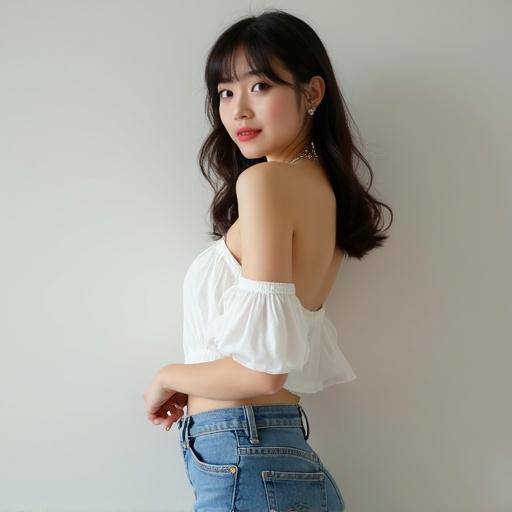 Japanese girl poses stylishly in off-shoulder top and denim hot pants.