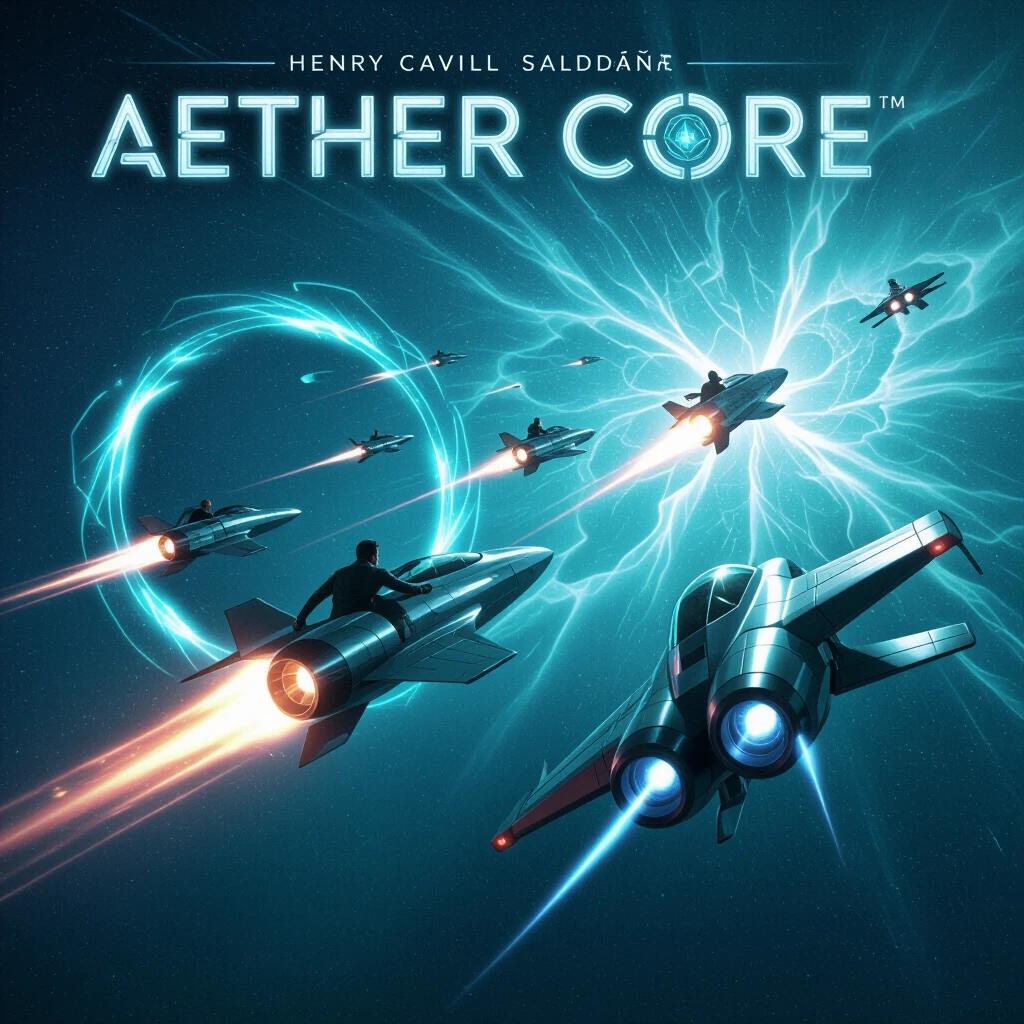 Aether Core title prominently displayed with a matching aesthetic. Cast includes Henry Cavill and Zoe Saldaña. Story involves retrieving a stolen quantum engine from a rogue planet. Visual features space jets racing through glowing wormhole rings amid energy storms. Lighting showcases a teal nebula and dynamic energy pulses. Overall tone is a blend of space-epic themes and tech-magic elements.
