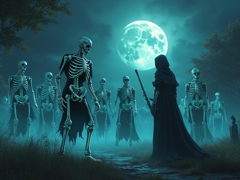 A necromancer summons skeletal warriors and archers in a graveyard by moonlight. The skeletal figures are adorned with armor and weapons that glint silver in the pale light.