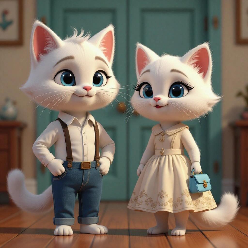 A cinematic 3D cartoon-style visual featuring two anthropomorphic white cats. The male cat is athletic, has expressive blue eyes, and is wearing a white shirt with blue jeans. The female cat is elegant with large blue eyes and soft fur, wearing a stylish dress and carrying a small blue handbag.