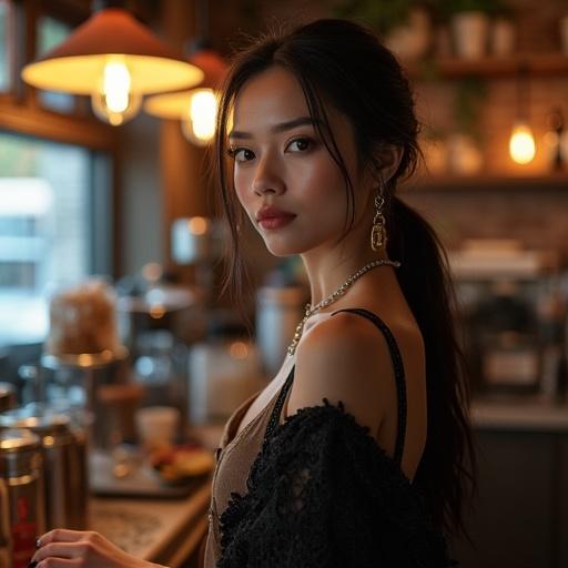 A beautiful 30-year-old retired witch in a cozy, modern café. She works part-time. Long, dark hair is loosely tied back. She has sharp eyes that hint at her magical past. Elegant yet casual clothing with mystical elements. A pendant with magical symbols is visible. A cloak-like shawl is draped over her shoulders. Warm café ambiance is enhanced by soft lighting. She prepares coffee confidently. Glowing runes appear around her hands. A shimmering aura is subtle. Porcelain skin contrasts with a cozy background. Ultra-high definition and cinematic lighting details.