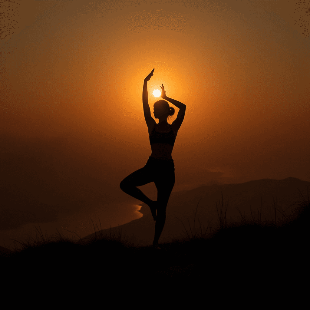 The silhouette of a person practicing yoga at sunset with a serene backdrop of the ocean and hills.