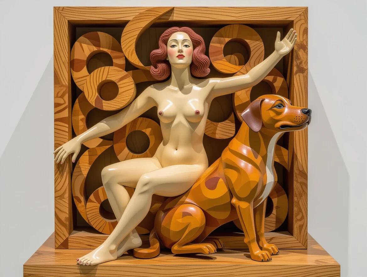 A vibrant and dramatic 3D wooden sculpture. A naked woman is seated in an unconventional position beside a dog. The sculpture is part of a larger wooden box structure. The display includes small wooden pieces suspended from thin wire, shifting with air currents. The arrangement creates a dynamic, constantly changing artwork. It reflects the natural asymmetry of wood, involving abstract and monstrous representations of the female form.