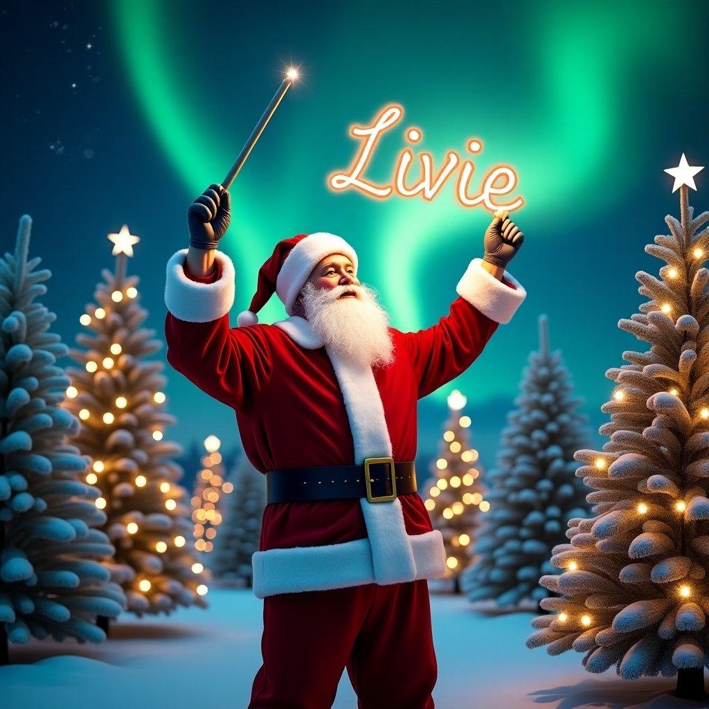 Santa Claus in a magical Christmas scene among decorated trees. He holds a wand, writing 'Livie' in the air. The sky features northern lights. Scene captures holiday magic and festive cheer.