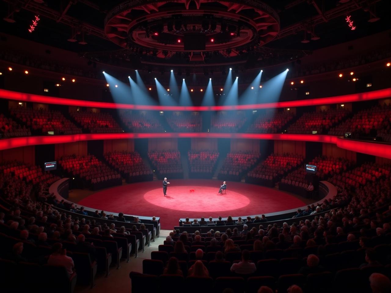 A large auditorium filled with an audience. The stage is circular, with a single speaker giving a talk. The lighting is dramatic, with red and white color tones highlighting the stage. A second person is seated on stage, engaged with the speaker. The atmosphere feels vibrant and lively as the audience is attentive. This setting resembles a TED talk or a major lecture event, showcasing public speaking. The audience is seated in a semi-circular arrangement, creating an intimate yet expansive environment.