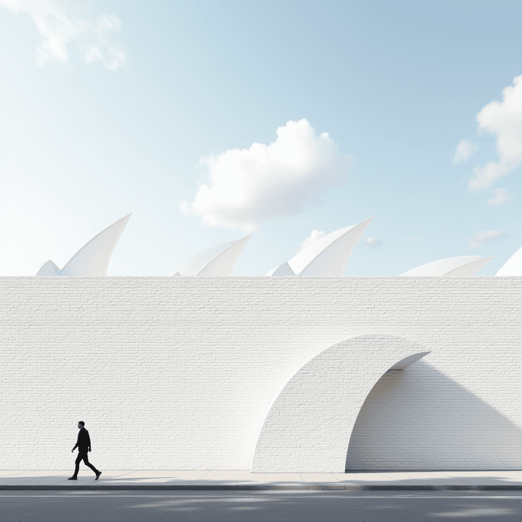 A person walks past a tall white wall with sharp architectural elements jutting above it under a clear blue sky.