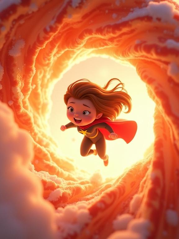 A swirling vortex made of crispy bacon slices appears in the sky, pulling Star-Girl into it. She struggles in mid-air, hair and cape flying, while the bacon vortex glows with orange-red light. Cartoon action shot, Pixar-style.